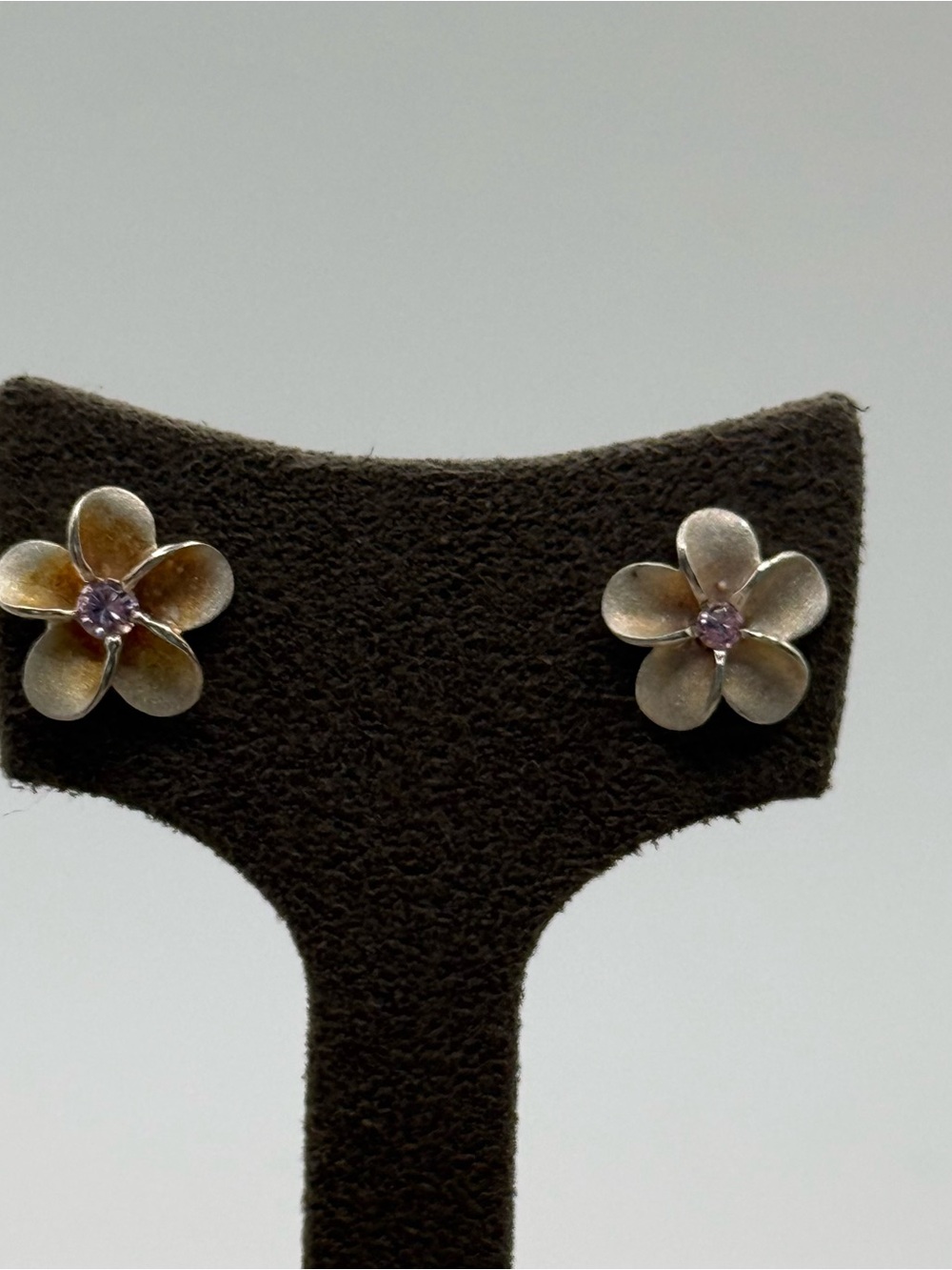 Sterling Silver Floral plumeria Stud Earrings with Pink Center